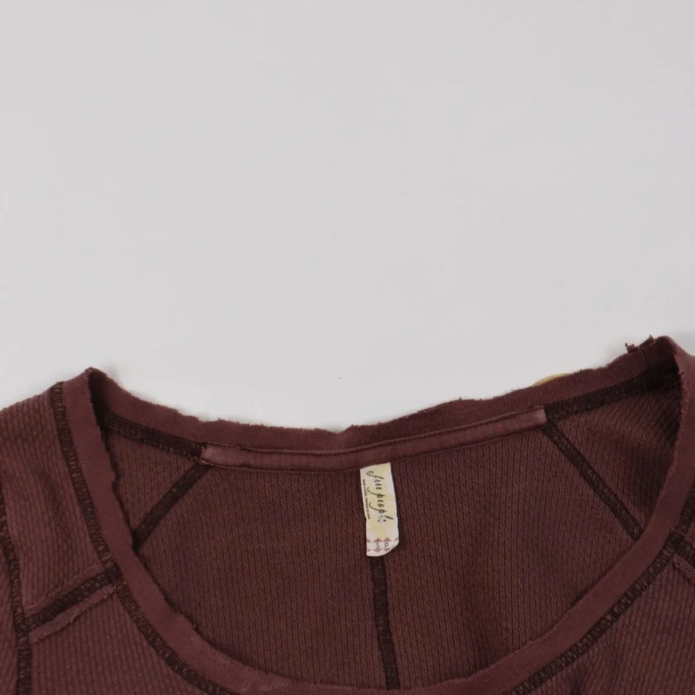 Free People Thermal Top Embroidered Cuff Brown Waffle Knit S Small